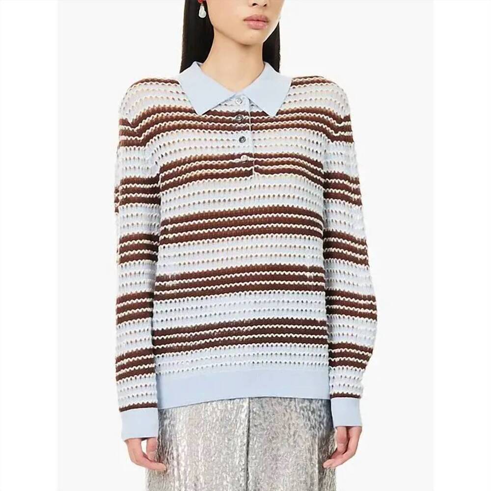 NEW ZANKOV pointelle stripe polo top in baby blue